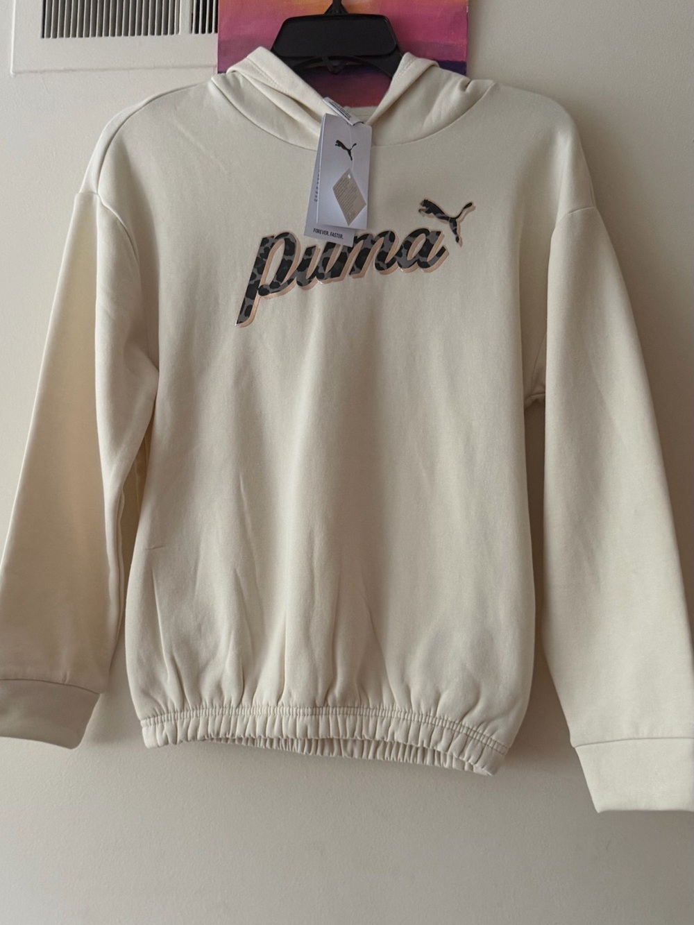 Puma Kids Cream Pullover Hoodie with Leopard Logo